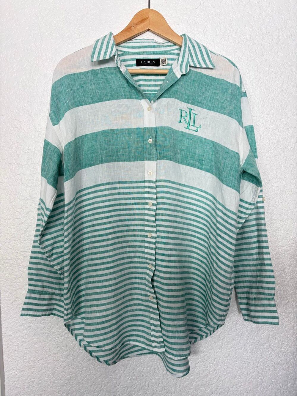 Lauren Ralph Lauren Oversized Striped Linen Shirt Green White Size M - Picture 4 of 12